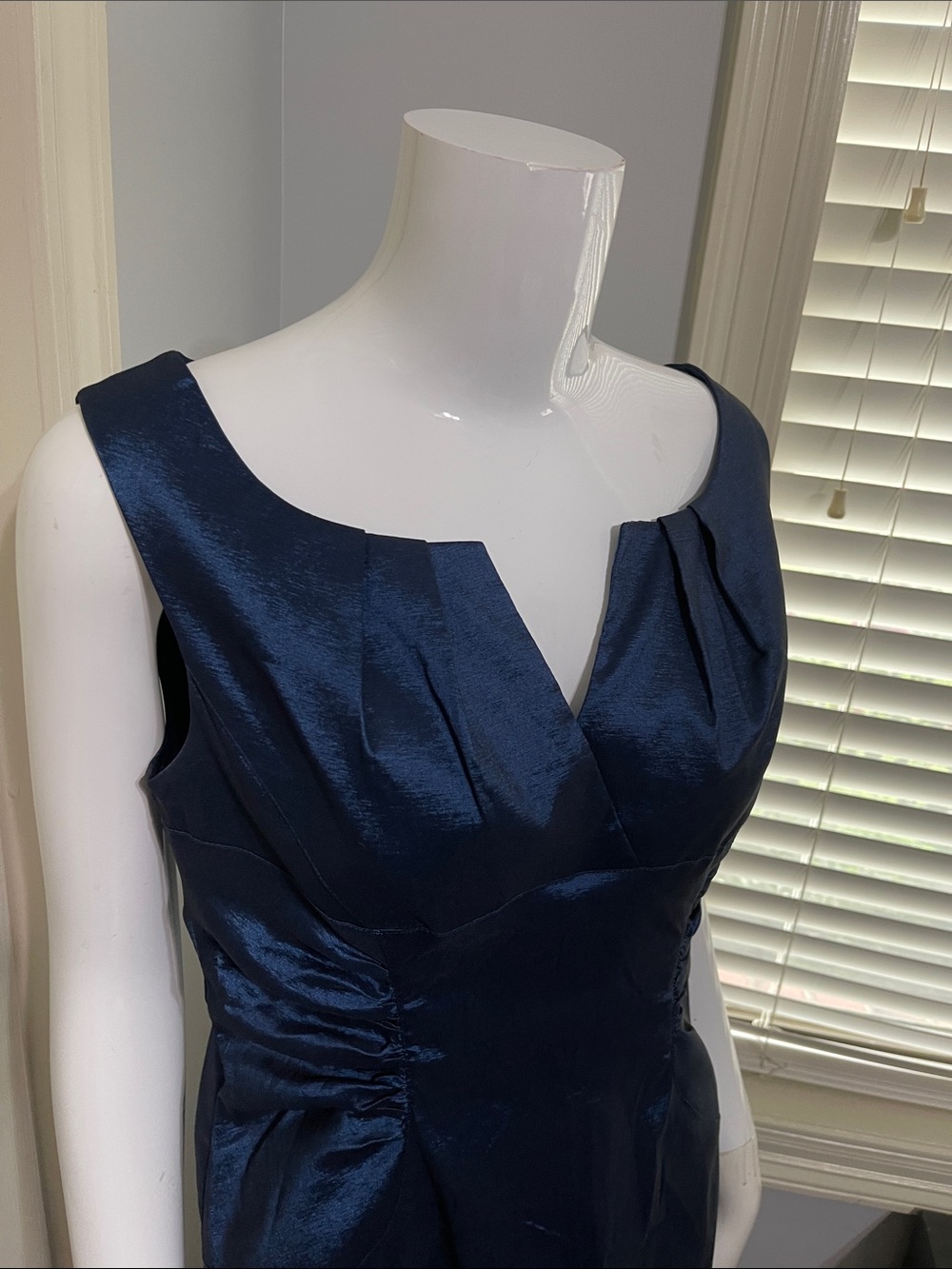 Adrianna Papell Blue Shimmer Sheath Cocktail Dress Ruched Split Neck. #0349 - Picture 3 of 15